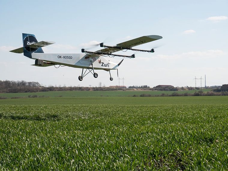 The five-meter Zuri proof-of-concept aircraft in a 2018 hover test, the first aircraft registered with the Czech CAA.